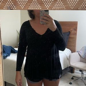 black long sleeve flowy boho babydoll type top with gauzy details